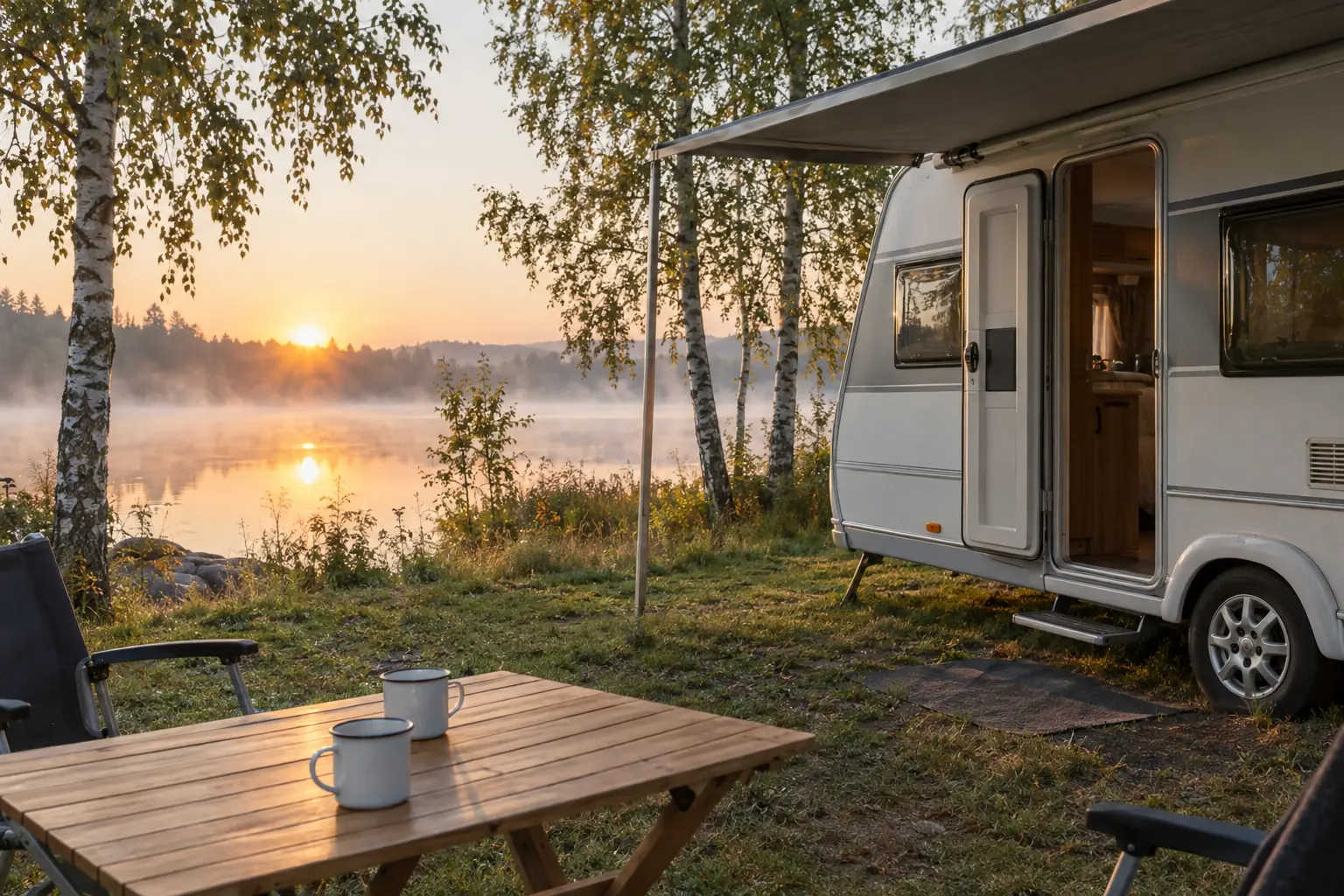Ein Wohnwagen am frühen Morgen am See, auf dem Campingtisch stehen zwei Kaffeebecher.