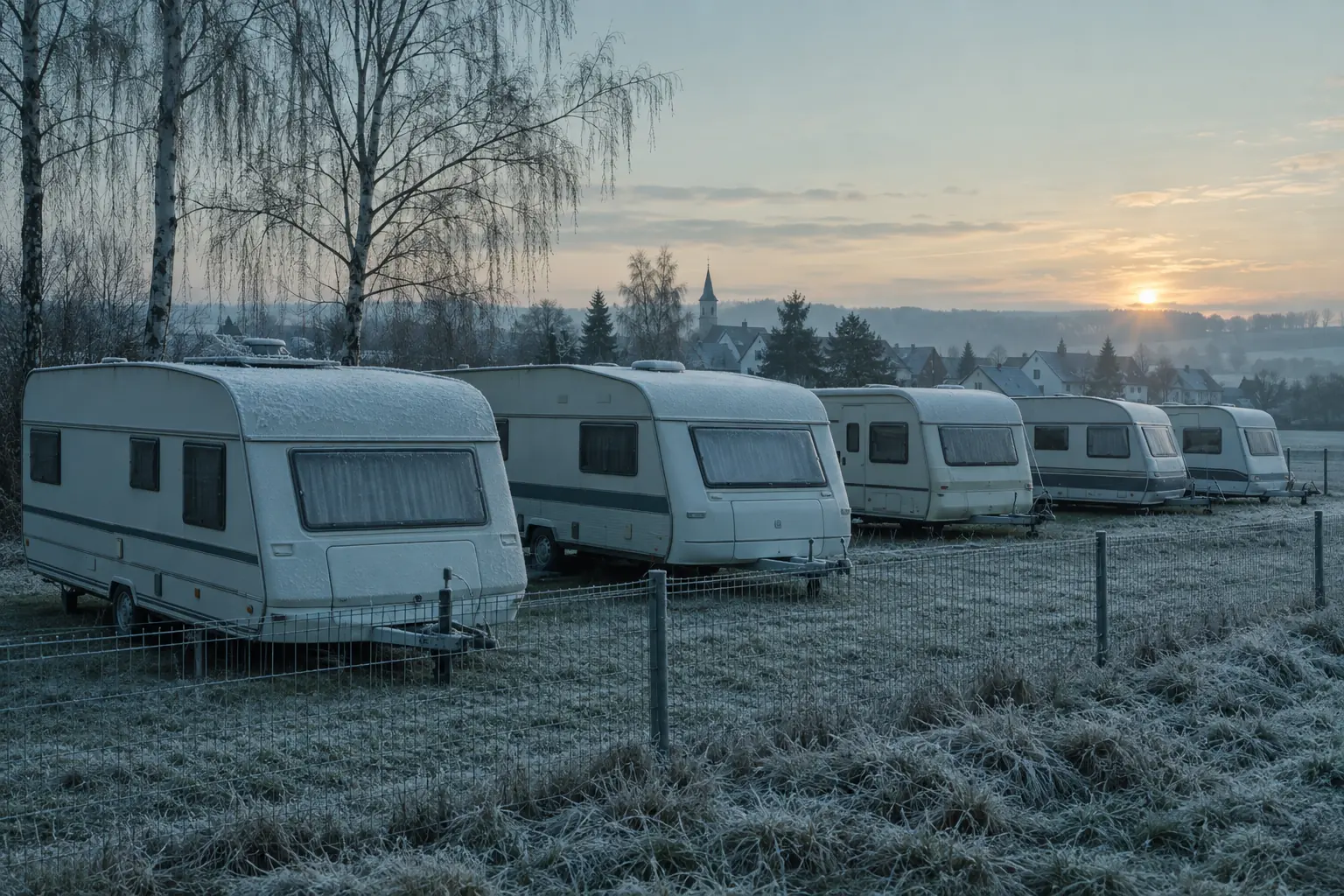 Mehrere Wohnwagen stehen an einem frostigen Morgen auf einem Winterlager am Dorfrand.
